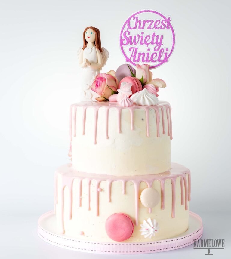 angel, anioł, aniołek, cake, christening, chrzest, dwupiętrowy, dziecięcy, dziewczynka, makaroniki, pink, różowy, topper, tort