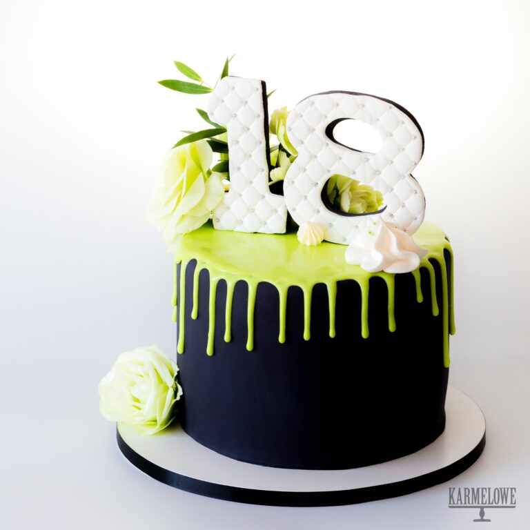 18, birthday, black, cake, drip, green, kwiaty, rose, róża, tort, urodzinowy, zielone