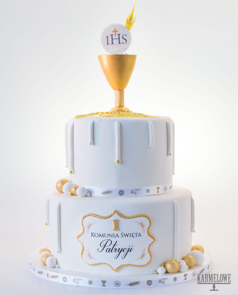 IHS, cake, first communion, gold, hostia, kielich, komunijny, kłos, pierwsza-komunia, tort, white, złoty